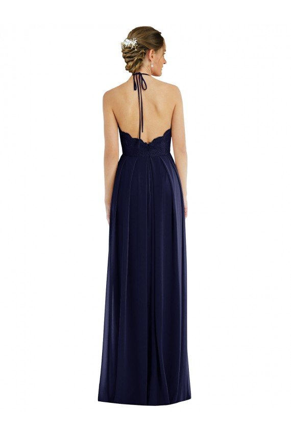 Affordable Tie Neck Lace Halter Pleated Skirt Maxi Bridesmaid Dress UK