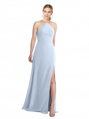 Affordable Halter Neck Long Chiffon Bridesmaid Dress with Strappy Back and Daring Side Slit UK