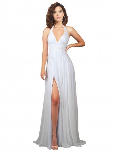 Affordable Simple Halter Plunge V-Neckline Chiffon Beach Wedding Dress with High Leg Split UK