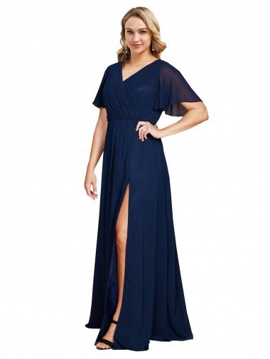 Affordable Chiffon V-Neck Short Sleeves Long Formal Bridesmaid Dress / Prom Dress with High Slit UK