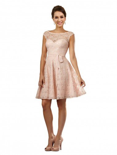 Affordable Short Knee Length Lace Bridesmaid Dress with Matching Chiffon Tie Sash UK