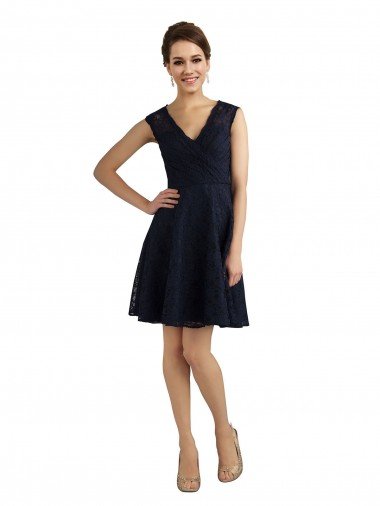 Affordable Short V-Neck Lace Cocktail Bridesmaid Dress with Illusion Back UK