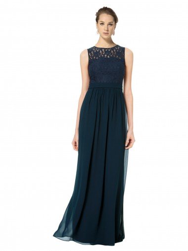 Affordable Long Chiffon Bridesmaid Dress with Lace Sleeveless Bodice and Keyhole Back UK