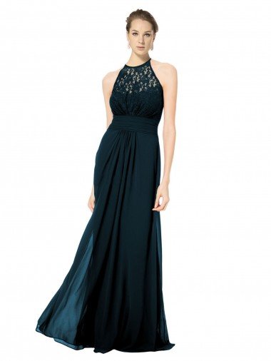 Affordable Lace Halter Bodice Long Chiffon Bridesmaid Dress UK