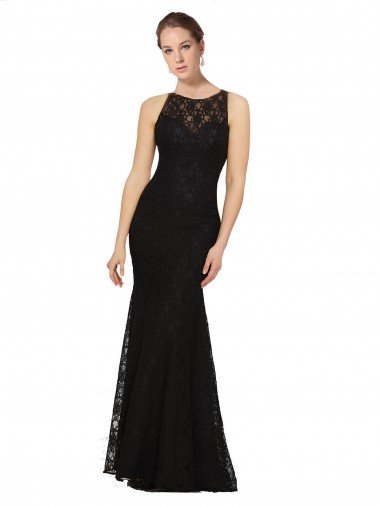 Affordable Fitted Lace Bridesmaids Dress with Jewel Neckline and Open Back UK