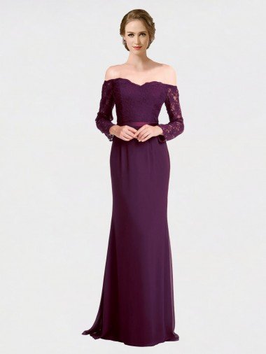 Affordable Full Length Long Bridesmaid Dress with Lace Off The Shoulder Bodice UK