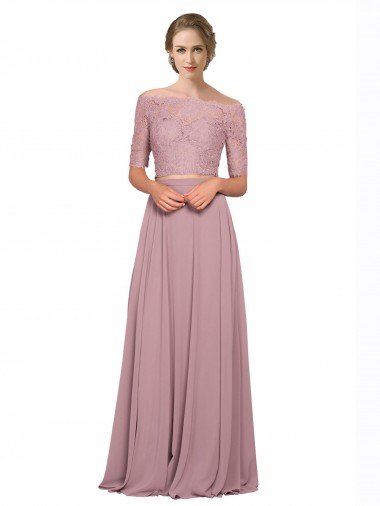 Affordable Off the Shoulder Lace Crop Top A-Line Chiffon Bridesmaid Dress / Prom Dress UK