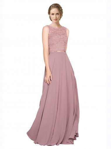 Affordable Long A-Line Chiffon Bridesmaid Dress / Prom Dress with Sleeveless Lace Crop Top UK