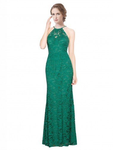 Affordable High Illusion Halter Neck Long Lace Bridesmaid Dress / Prom Dress UK