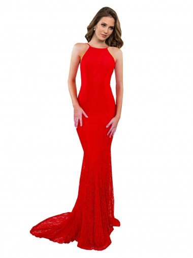 Affordable High Neck Long Formal Lace Bridesmaid Dress / Prom Dress with Open Back Straps UK