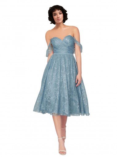 Affordable Off the Shoulder Sweetheart Chantilly Lace Midi Length Cocktail Bridesmaid Dress UK