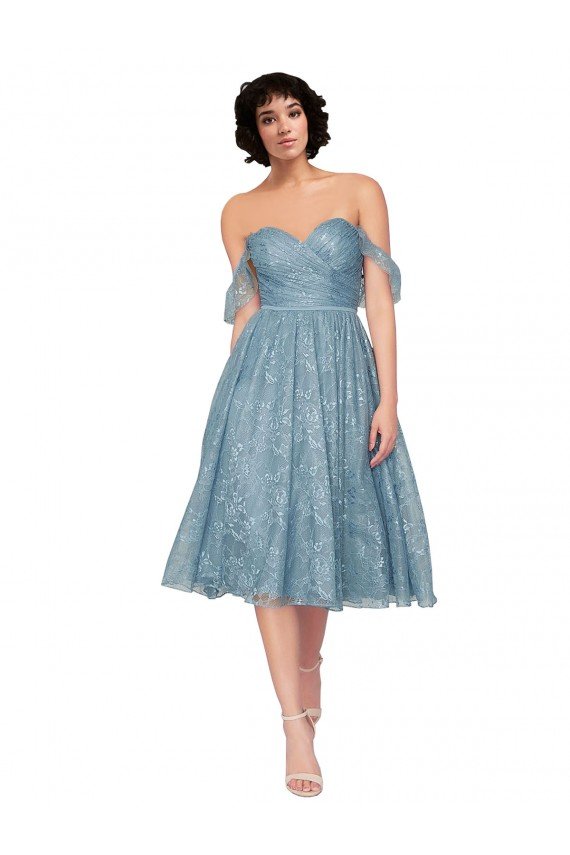 Affordable Off the Shoulder Sweetheart Chantilly Lace Midi Length Cocktail Bridesmaid Dress UK