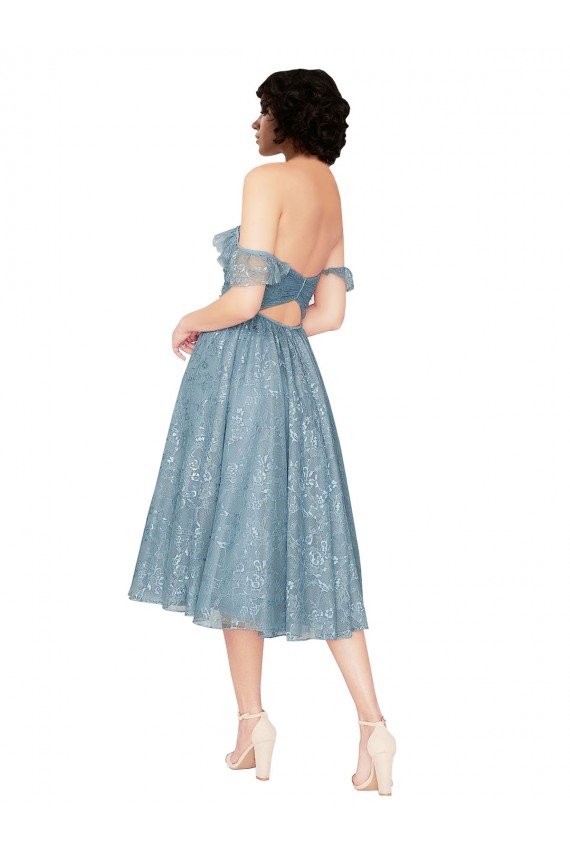 Affordable Off the Shoulder Sweetheart Chantilly Lace Midi Length Cocktail Bridesmaid Dress UK