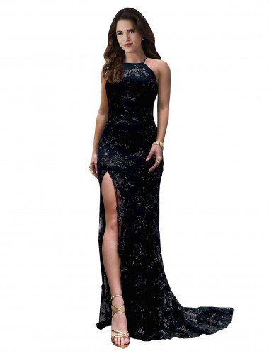 Affordable Formal High Neckline Lace Open Back Bridesmaid Dress / Prom Dress with High Slit UK