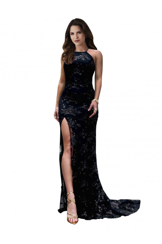 Affordable Formal High Neckline Lace Open Back Bridesmaid Dress / Prom Dress with High Slit UK