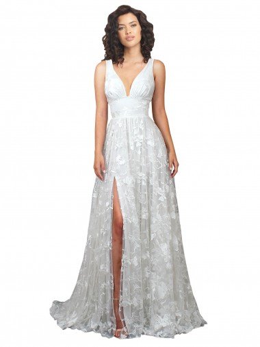 Affordable Plunging V-Neckline Wedding Dress with Slit UK