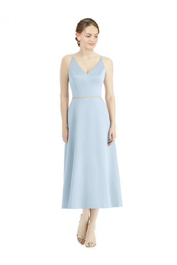 Affordable Short Tea Length V-Neck Satin Bridesmaid Dress UK