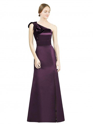 Affordable Full Length One Shoulder Satin Bridesmaid Dress with Bow Shoulder Detail UK