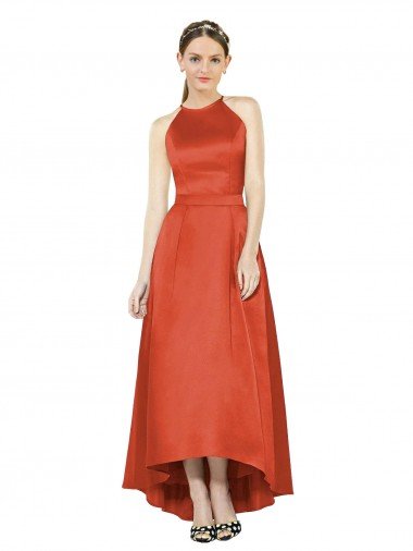 Affordable Full Length Halter Satin Bridesmaid Dress with Hi-Low Hem Detail UK