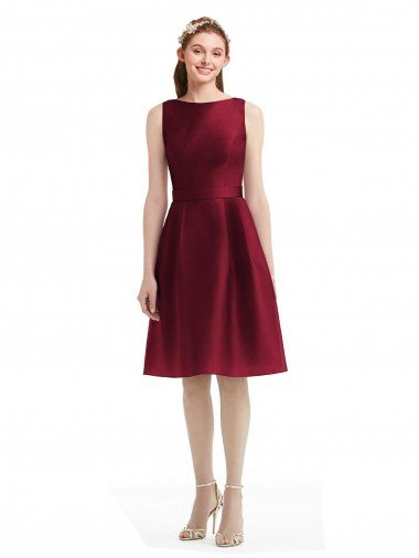 Affordable Short Midi Length Satin Cocktail Bridesmaid Dress with Bateau Neckline and V-Back UK