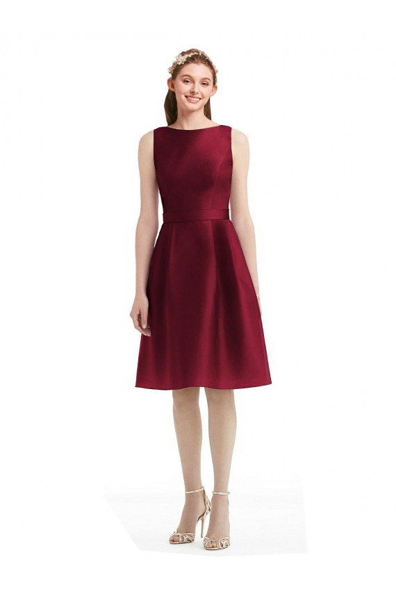 Affordable Short Midi Length Satin Cocktail Bridesmaid Dress with Bateau Neckline and V-Back UK