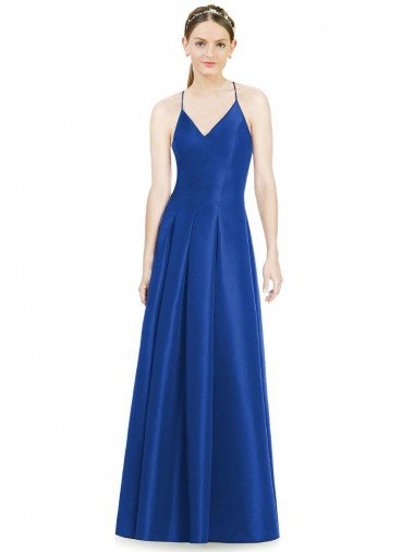 Affordable Full Pleated V-Neck Long Satin Bridesmaid Dress with Criss Cross Open Back UK