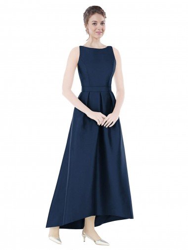 Affordable Full Length Sleeveless Long Satin Bridesmaid Dress with High Low Hem Detail UK