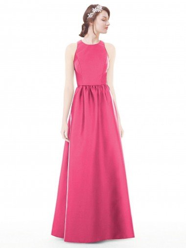 Affordable Jewel Neck Keyhole Back Sleek Long Satin Bridesmaid Dress UK