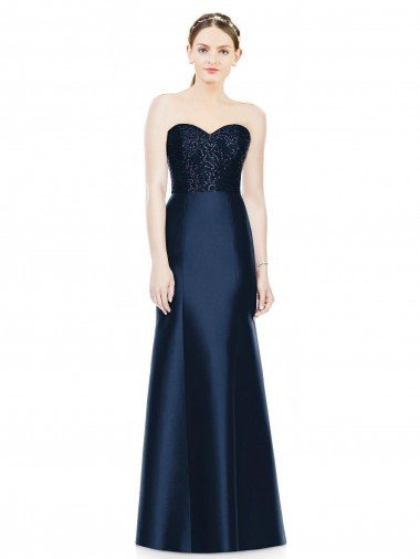 Affordable Full Length Strapless Satin Bridesmaid Dress with Lace Sweetheart Neckline UK