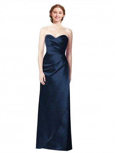 Affordable Faux Wrap A-Line Long Satin Bridesmaid Dress with Draped Bodice UK