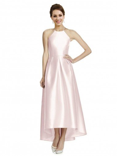 Affordable Long High-Low Halter Satin Bridesmaid Dress with Criss-Cross Back UK