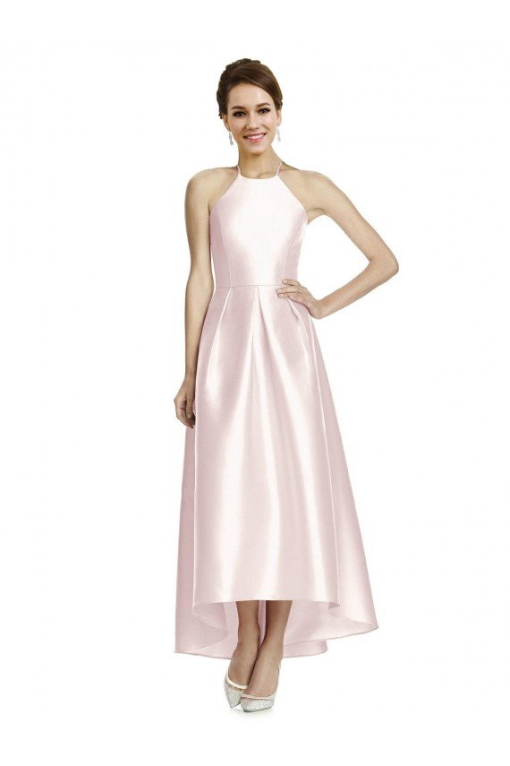 Affordable Long High-Low Halter Satin Bridesmaid Dress with Criss-Cross Back UK