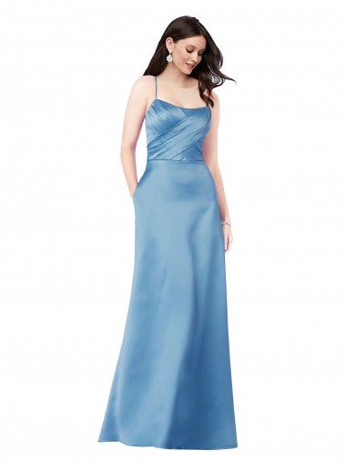 Affordable Crossing Strap Back Pleated Bodice Long Formal Satin Bridesmaid Dress / Prom Dress UK