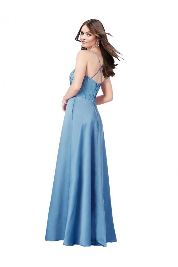 Affordable Crossing Strap Back Pleated Bodice Long Formal Satin Bridesmaid Dress / Prom Dress UK