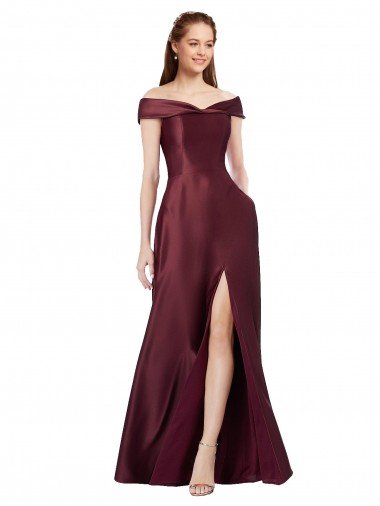 Affordable Long Off the Shoulder Formal Satin Bridesmaid Dress / Prom Dress with Thigh-high Slit UK