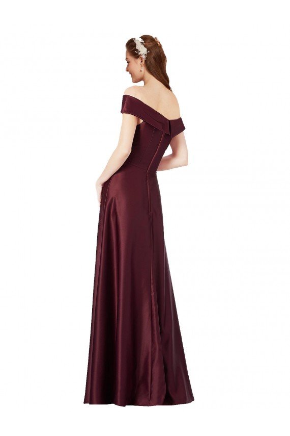 Affordable Long Off the Shoulder Formal Satin Bridesmaid Dress / Prom Dress with Thigh-high Slit UK