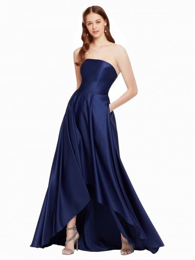 Affordable High Low Strapless Formal Satin Bridesmaid Dress / Prom Dress with Pockets UK