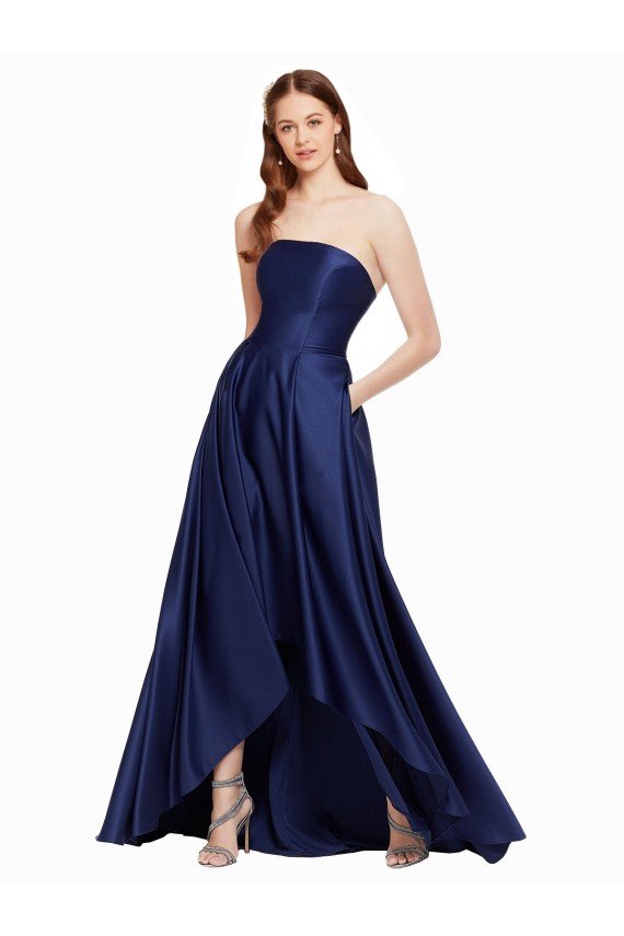 Affordable High Low Strapless Formal Satin Bridesmaid Dress / Prom Dress with Pockets UK