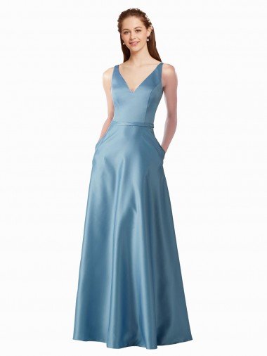 Affordable Classic Satin V-Neck A-Line Bridesmaids Dress with Pockets UK