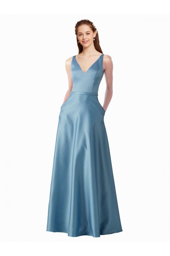 Affordable Classic Satin V-Neck A-Line Bridesmaids Dress with Pockets UK