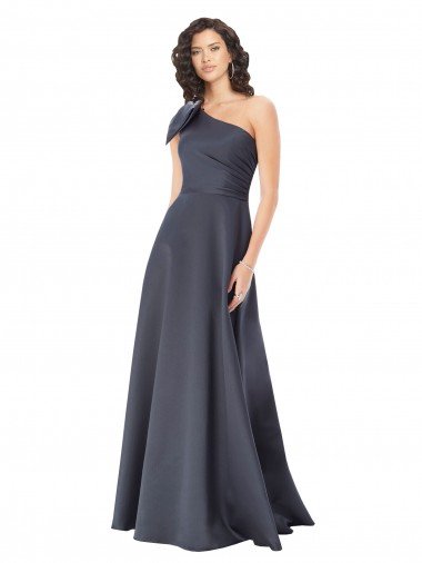 Affordable Rouched One Shoulder Floor Length Formal Satin Bridesmaid Dress / Prom Dress with Bow UK