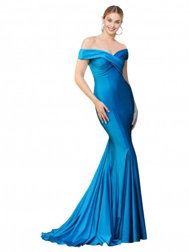 Affordable Off the Shoulder Long Chapel Train Formal Satin Bridesmaid Dress / Prom Dress UK