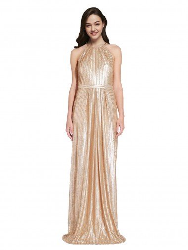 Affordable Floor Length Halter Neck Sparkling Formal Sequin Bridesmaid Dress / Prom Dress with Pleats UK