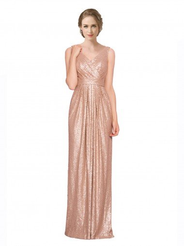 Affordable Draped V-Neck Striking Sheath Floor Length Formal Sequin Bridesmaid Dress / Prom Dress UK