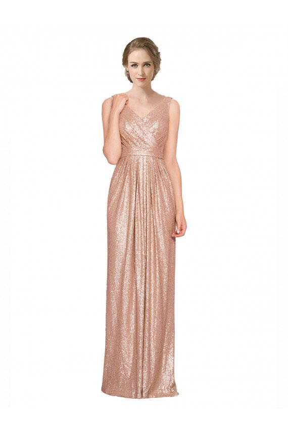 Affordable Draped V-Neck Striking Sheath Floor Length Formal Sequin Bridesmaid Dress / Prom Dress UK