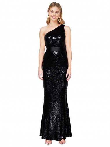 Affordable Draped One Shoulder Long Full Length Formal Sequin Bridesmaid Dress / Prom Dress UK