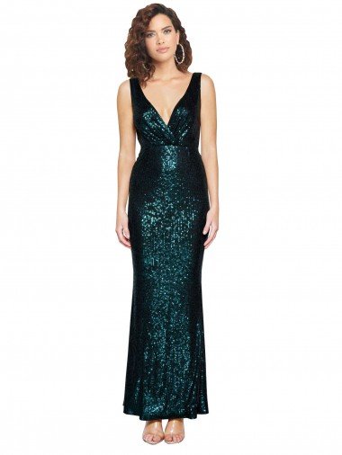 Affordable V-Neck Full Length Formal Sequin Bridesmaid Dress / Prom Dress with Draped Back UK