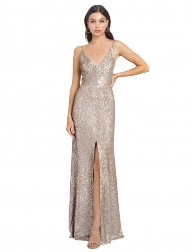 Affordable V-Neck Fully Sequin Formal Bridesmaid Dress / Prom Dress with V-Back and Front Slit UK