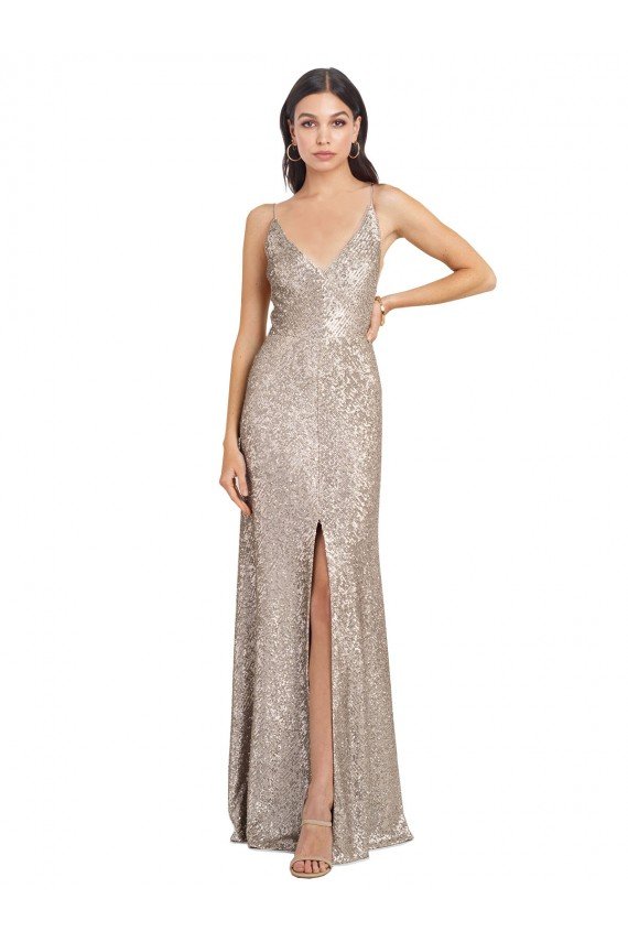 Affordable V-Neck Fully Sequin Formal Bridesmaid Dress / Prom Dress with V-Back and Front Slit UK