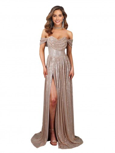 Affordable Strapless Scoop Neck Off the Shoulder Long Formal Sequin Bridesmaid Dress / Prom Dress with High Slit UK